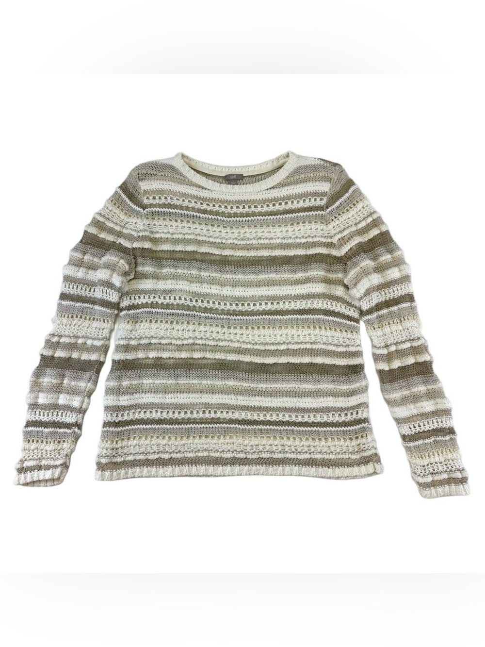 J Jill neutral open knit pullover sweater Large cotton blend taupe cream ivory